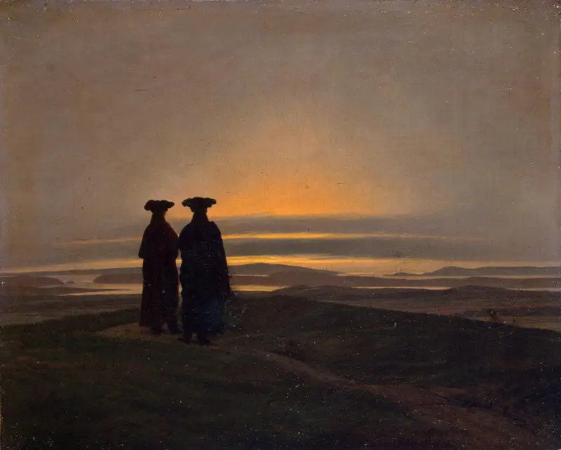 Caspar David Friedrich Peinture au coucher du soleil - Paysage du soir avec deux hommes